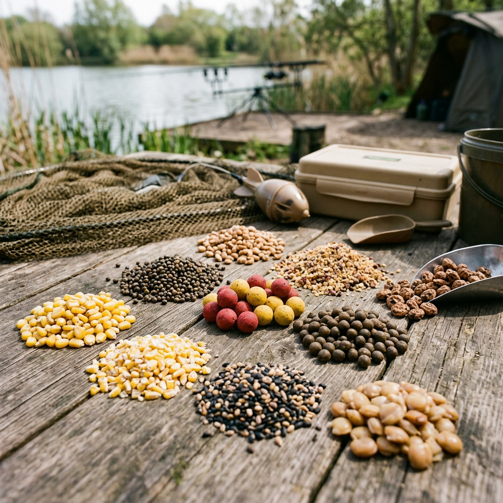 Different fishing baits laid out in small piles on a wooden table near a lake with fishing gear in the background